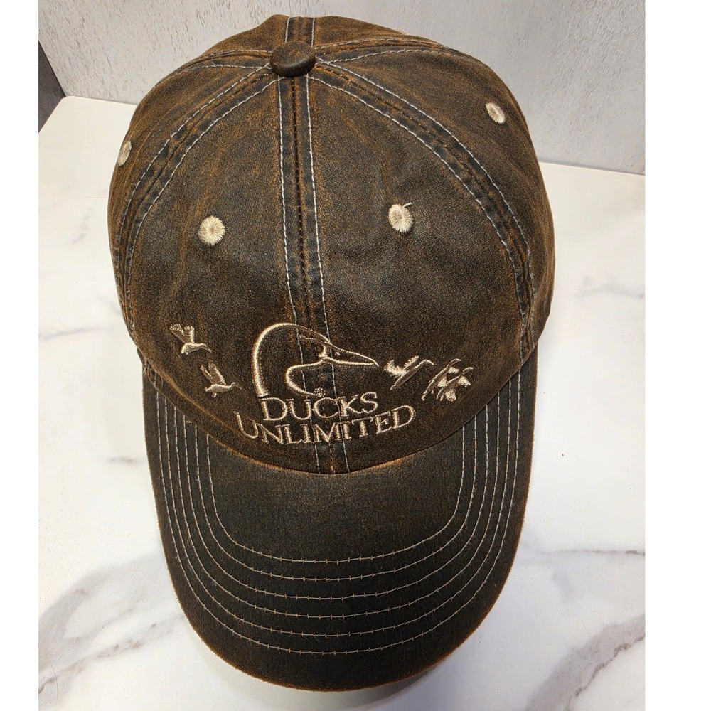 Ducks Unlimited Mens Brown Distressed Oil Cloth Style Hat K-Products Adjustable - Picture 2 of 8